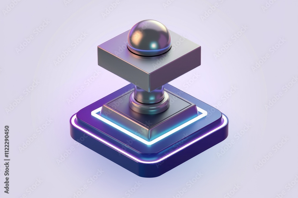 Poster A 3D rendering of a metallic structure with a sphere on top, set on a neon-lit base.