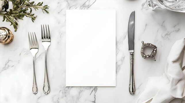 blank menu mockup on marble surface with elegant cutlery
