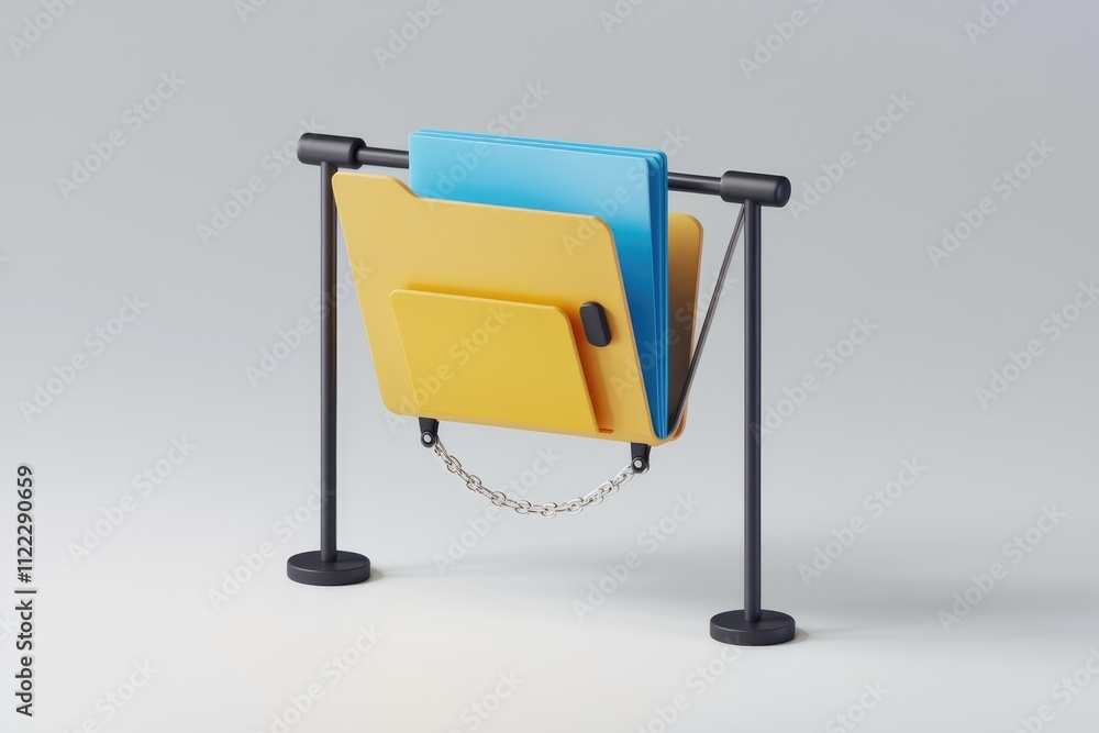 Poster a yellow folder with blue documents secured by a chain to a stand.