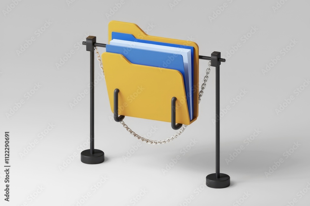 Poster Secured digital files represented by a yellow folder with blue documents hanging from a chain.