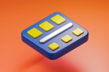 A 3D rendering of a blue calculator with yellow buttons and a silver bar, representing calculation or data processing.
