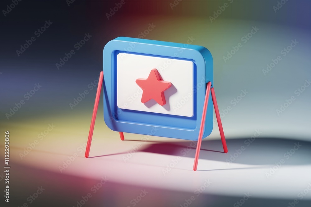 Poster a 3d rendering of a blue frame with a red star, standing on red legs.