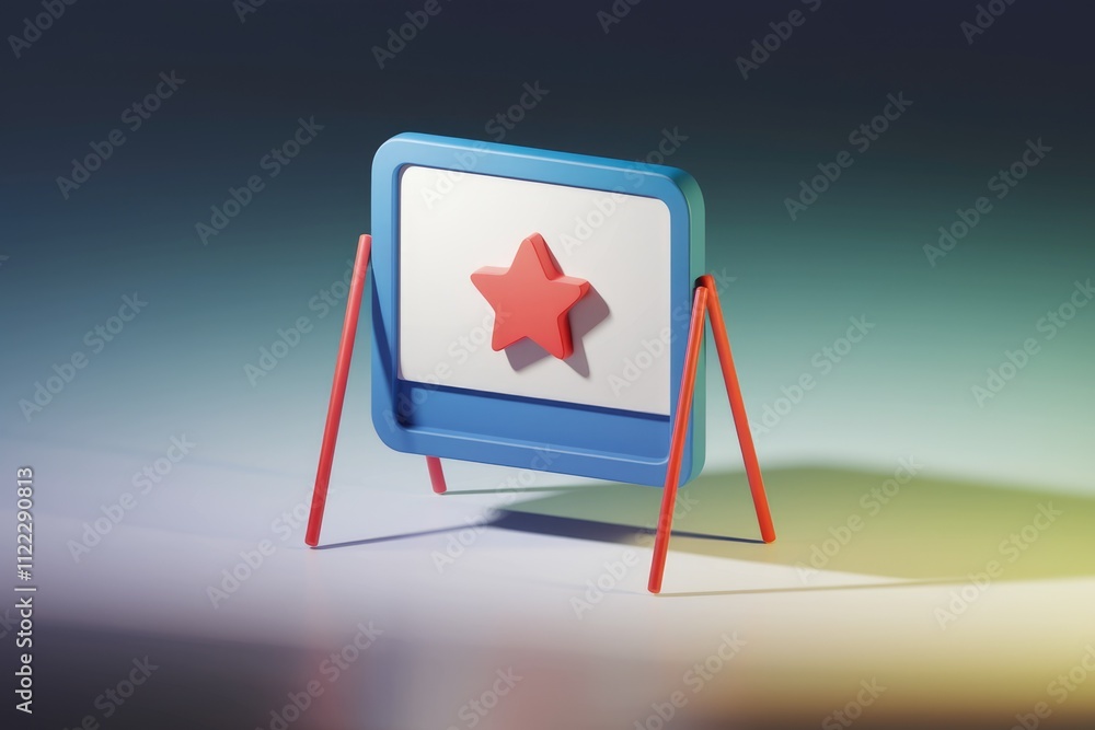 Poster a 3d rendered image of a small blue screen with a red star, displayed on a stand.