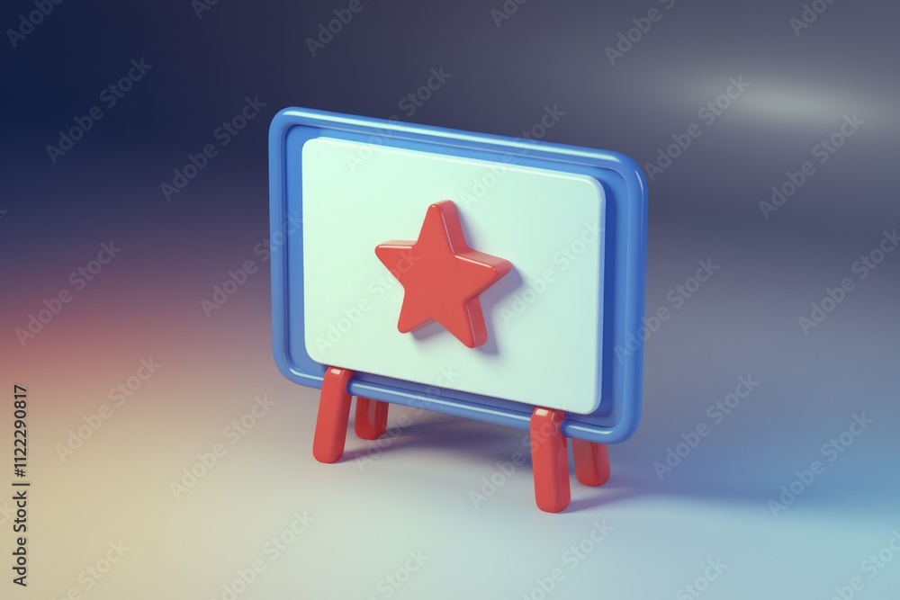 Poster a 3d rendering of a small blue easel displaying a red star, symbolizing achievement or rating.