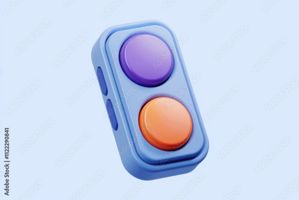 Poster A blue gadget with two colorful, push-button controls.