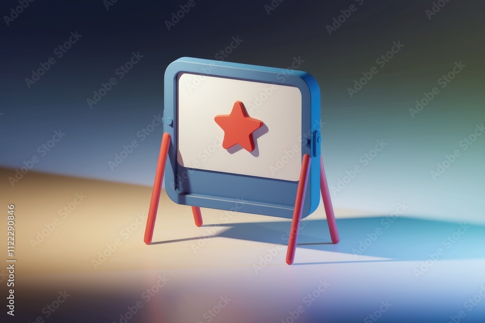 Poster a 3d rendering of a small blue easel with a red star.