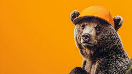 Playful bear wearing a bright orange cap against a vibrant orange background, a bold choice for outdoor adventure campaigns, sports branding, energy product or tools promotions