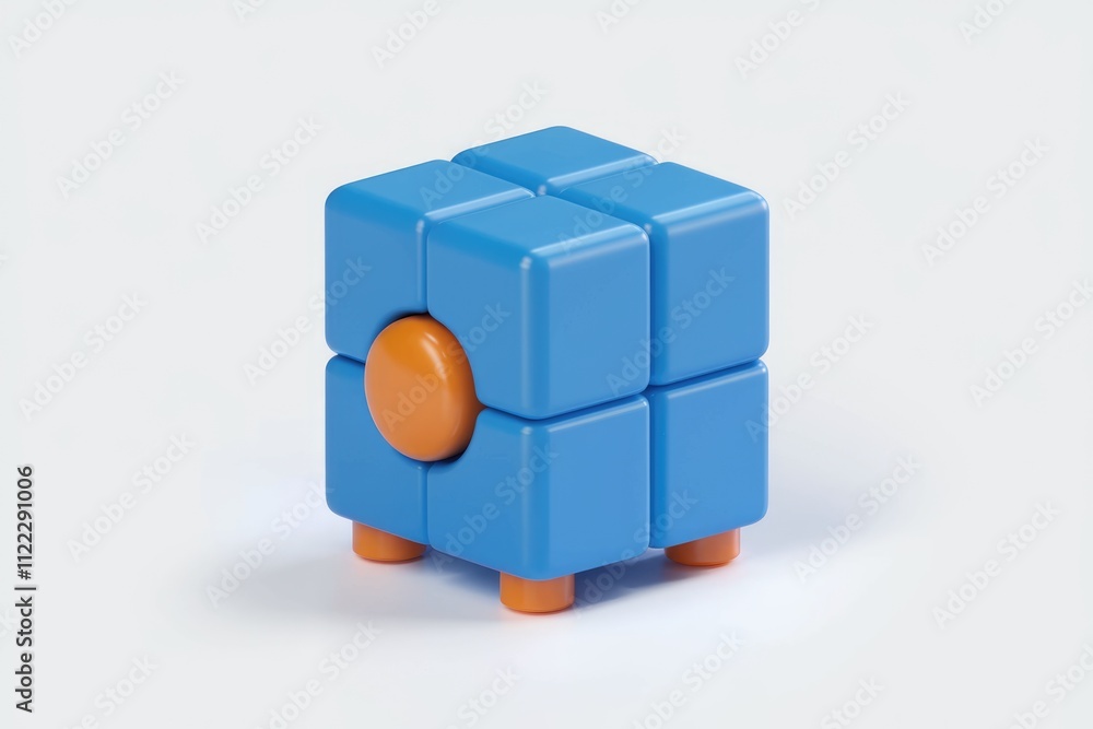 Poster a blue cube with an orange sphere, assembled from smaller cubes and standing on orange feet.