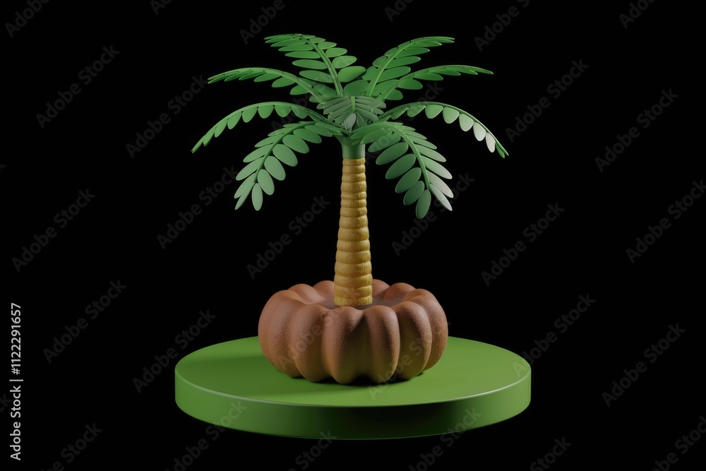 Poster a stylized 3d render of a palm tree planted in a pumpkin, set on a green platform against a transpar