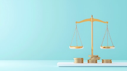 A gold scale with coins on it is set on a blue background