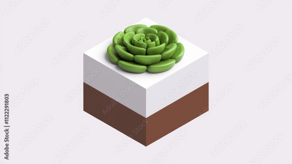 Poster a stylized 3d rendering of a succulent plant on a two-toned cube.