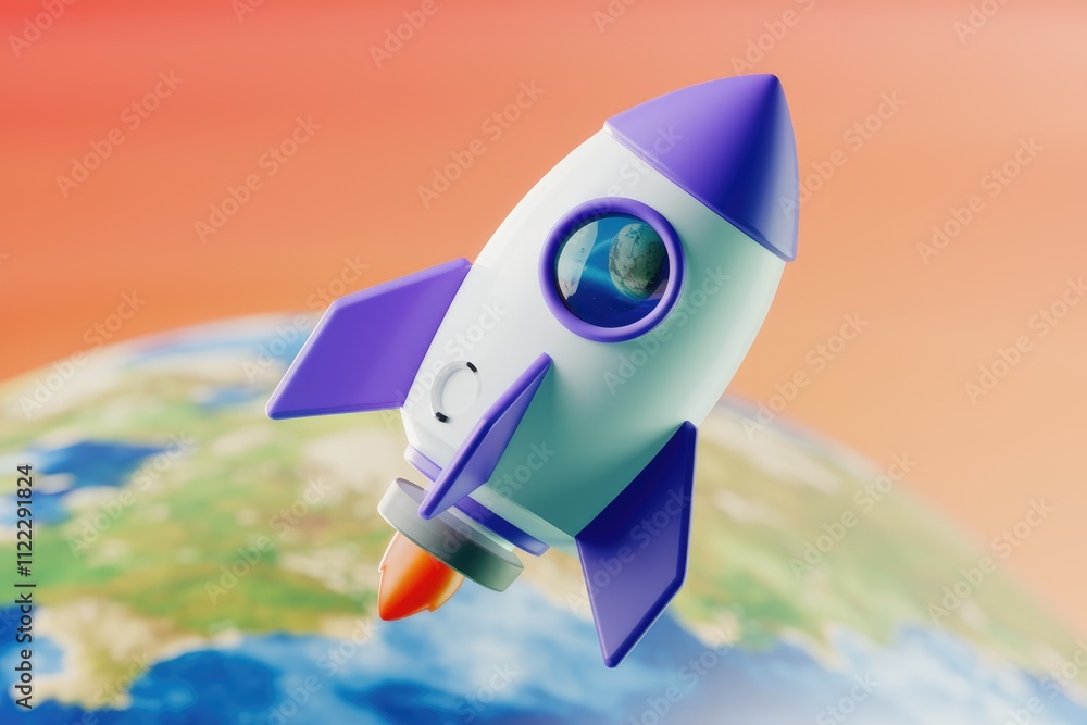Poster a cartoon rocket soaring through space, earth visible through its window, symbolizing exploration an