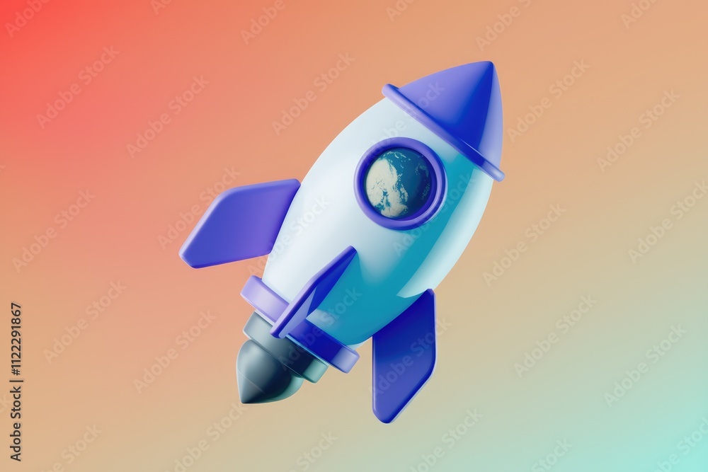 Poster a cartoon rocket ship with a small earth visible in its window, soaring against a gradient backgroun