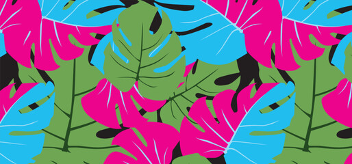 exotic hand drawn monstera leaves,flower seamless pattern