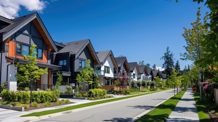 Modern Row of Houses with Lush Landscaping and a Sunny Sky