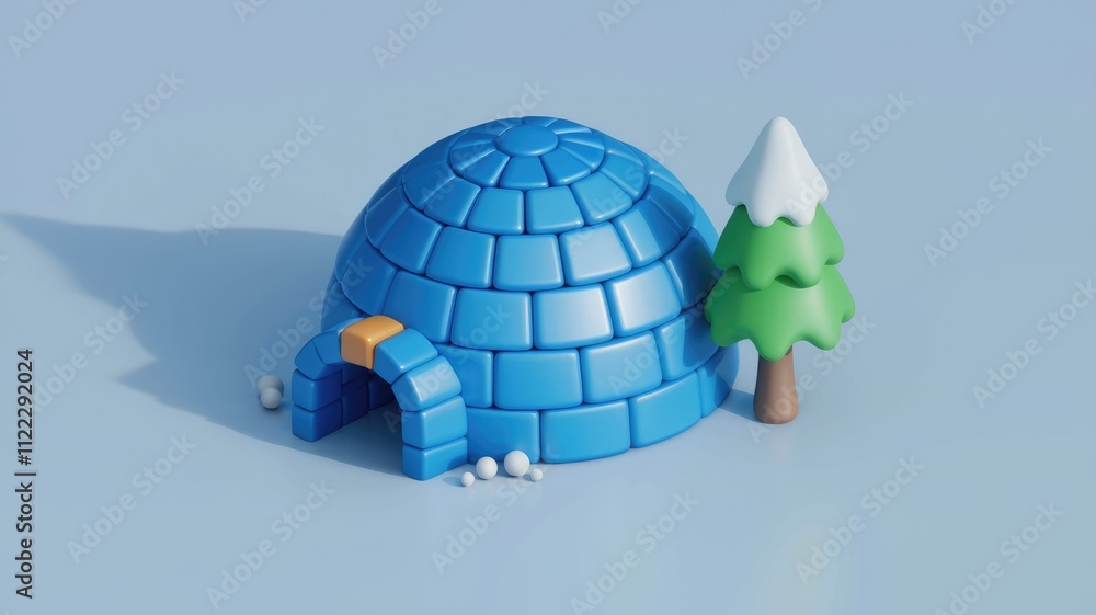 Poster a 3d rendering of a cute blue igloo with a small snow-covered tree beside it.