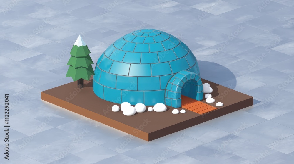Aufkleber low-poly 3d model of an igloo with a small pine tree and snow, winter scene.