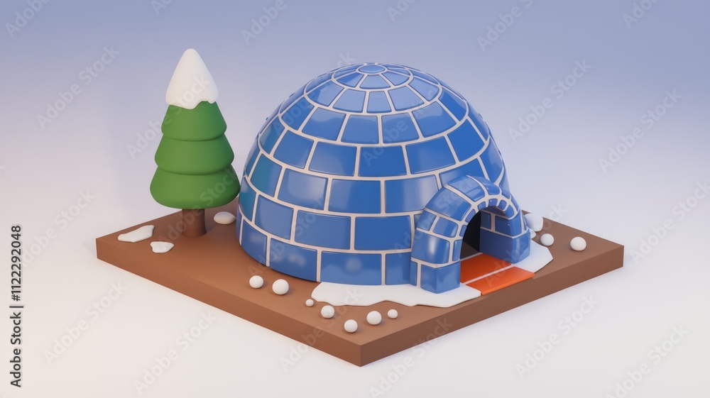 Aufkleber a 3d rendered image of a blue igloo with a small snow-covered tree, sitting on a brown square base.