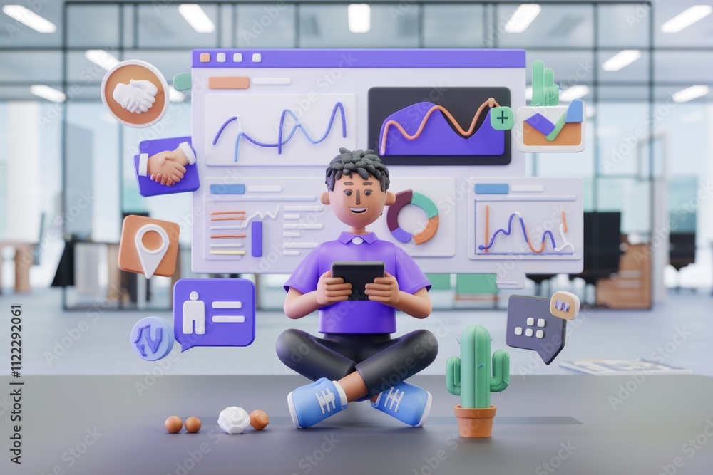 Aufkleber a 3d cartoon character analyzes business data on a digital screen using a tablet.