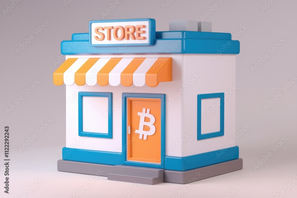 Poster A 3D rendering of a cartoon store accepting Bitcoin as payment.