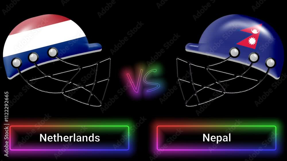 Poster netherlands vs nepal match animation with flags on helmets and colorful border over text all on blac