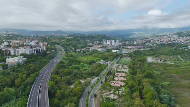 View from a drone over Road E45, Saracena, Cosenza, Calabria, Italy, Europe