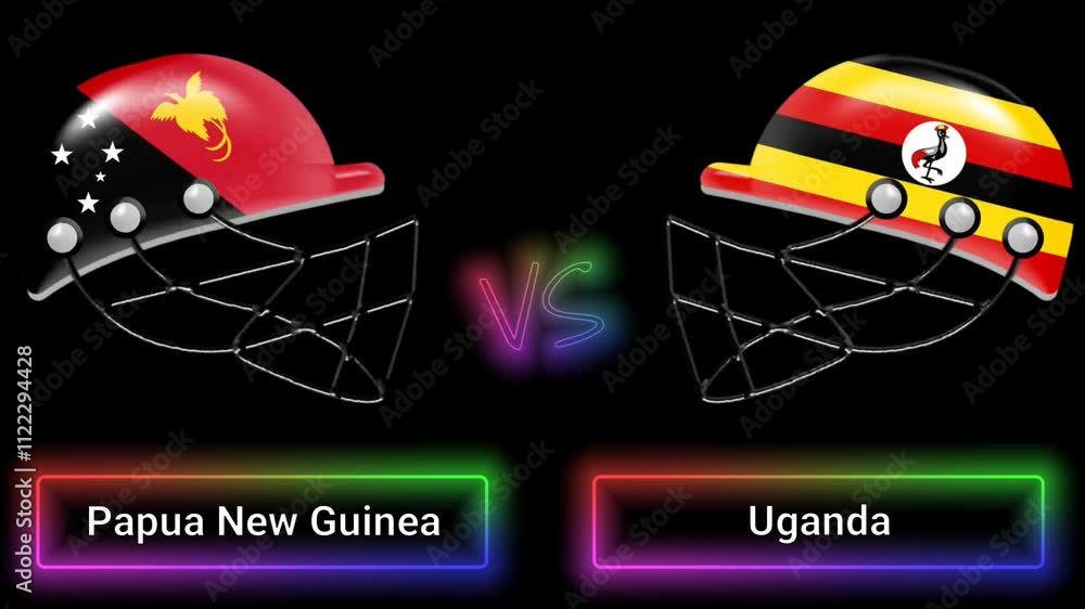 Poster papua new guinea vs uganda match animation with flags on helmets and colorful border over text all o