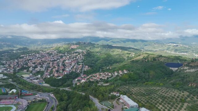  View from a drone over Road E45, Saracena, Cosenza, Calabria, Italy, Europe