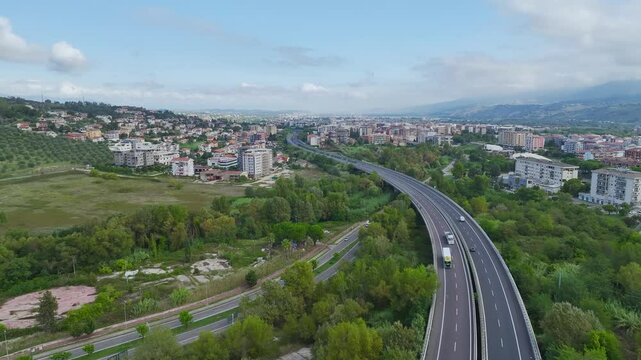  View from a drone over Road E45, Saracena, Cosenza, Calabria, Italy, Europe