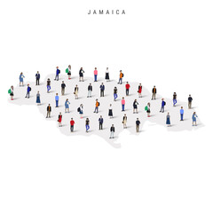 Jamaica population map. Large group of realistic a diverse crowd of people figures in a shape of Jamaican map. Flat vector illustration isolated on white.