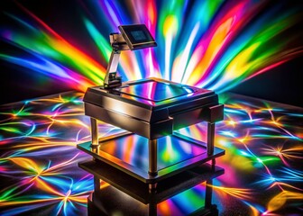 Surreal Overhead Projector Casting Vibrant Light Patterns on a Smooth Black Surface for Innovative Presentations and Creative Visual Displays