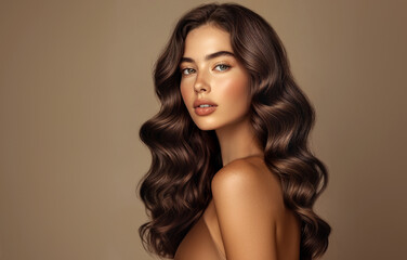 Naklejka premium Beautiful model girl with long wavy and shiny hair . Brunette dirl with curly hairstyle. Beauty smiling woman with curly hairstyle dye .Fashion, cosmetics and makeup . Cosmetology 