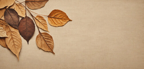 Generative ai. Autumn leaves, dry foliage, brown and orange tones, textured background, fabric texture, natural composition, minimalist arrangement, fallen leaves, seasonal aesthetic, warm colors