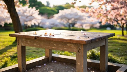 Fototapeta premium Empty wooden table in Sakura flower Park with garden bokeh background with a country outdoor theme, Template mock up for display of product