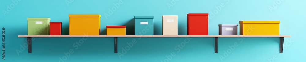 Poster a shelf with many boxes of different colors
