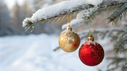 Generative ai. Christmas ornaments, snowy pine branch, gold and red baubles, winter scene, soft focus, bokeh background, frosty, festive holiday decor, outdoor setting, sunlight, crisp detail