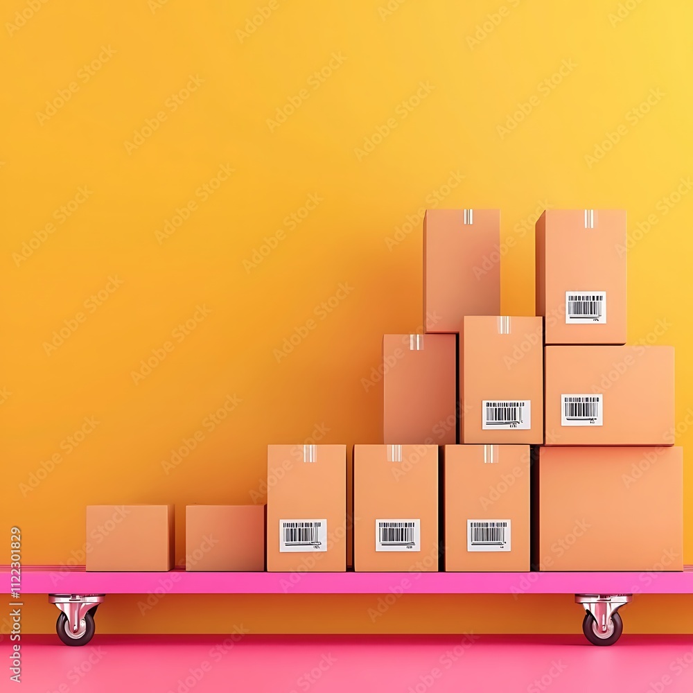 Poster a stack of boxes with barcodes on them are on a pink shelf