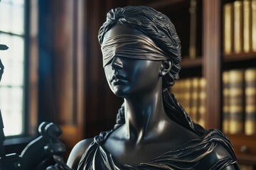 The statue of the Lady of Justice, the blindfolded guardian, stands tall in a lawyer's office.