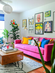 A vibrant living room featuring a pink sofa, colorful cushions, and framed artwork.