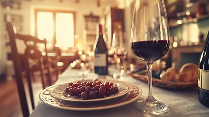 Fototapeta premium Elegant Dinner Table Setting With Wine And Grapes