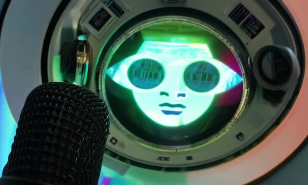 Female face shaped disco lights with a microphone for karaoke night
