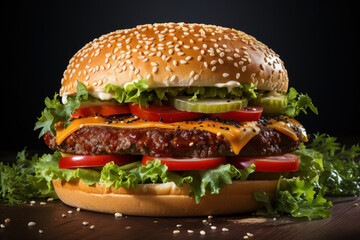 Hamburger on dark background,.  