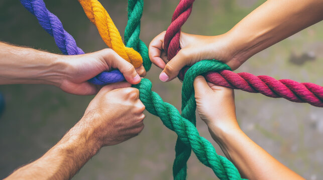Hands Gripping Colorful Rope Together in a Teamwork Scenario Emphasizing Unity, Collaboration, and Strength in Group Activities