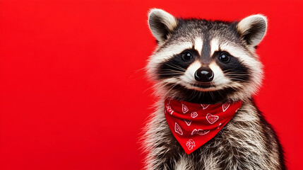 Obraz premium Playful raccoon wearing a bright red bandana against a vibrant bright red background, perfect for kids’ products, festive marketing, and cheerful promotional designs