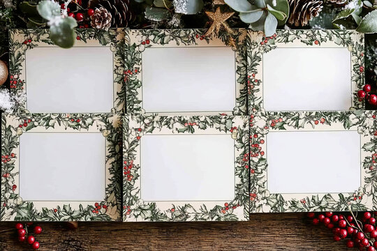 Elegant holly and berry-themed Christmas place cards, vintage-inspired design for holiday table settings.