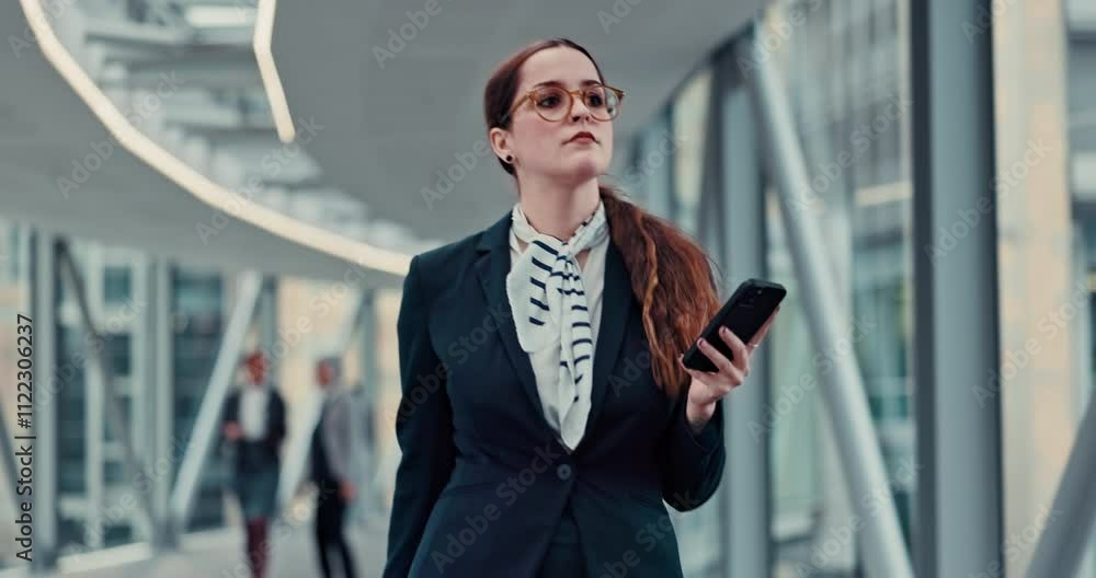 Poster business, woman and walking with phone in office for checking notifications, social networking or re