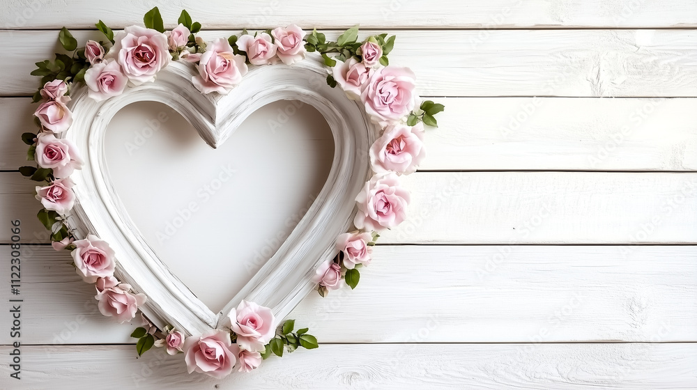 Poster a charming heart-shaped window features climbing roses, adding a romantic touch to a rustic setting 