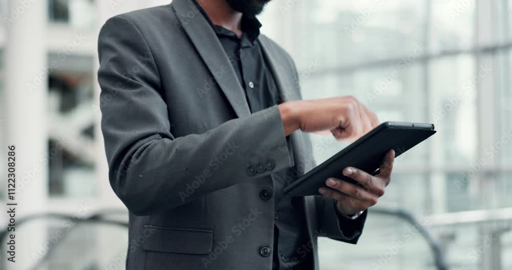 Aufkleber Online, research and hands with tablet, office and browsing of information, project and plan for business. Digital, person and software developer with tech for programming, scroll or debugging of app