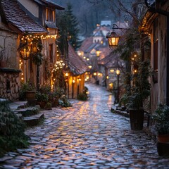 Fototapeta premium A charming cobblestone street adorned with lights in a quaint village during twilight.