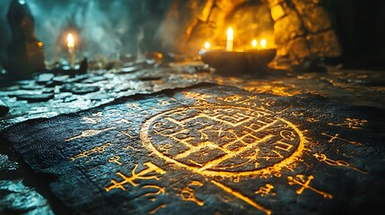 A hand arranging ancient stone runes on a dark cloth with candlelight in the background